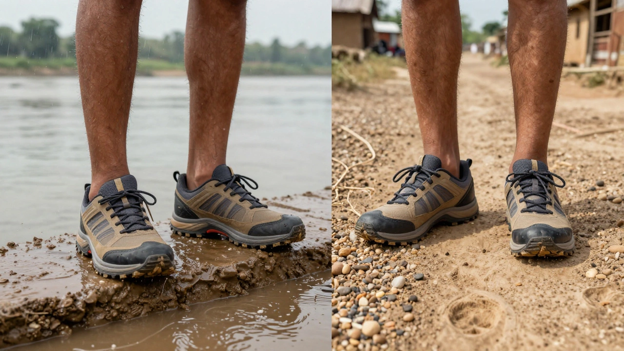 Rugged shoes providing traction on wet temple steps and dry rural paths
