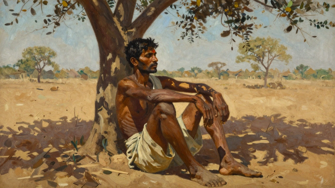 Social realist painting of a rural Indian laborer in a dry, sunlit landscape