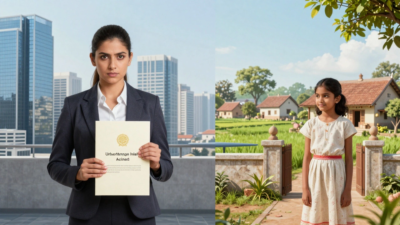 Split image contrasting urban career-focused woman with rural village scene