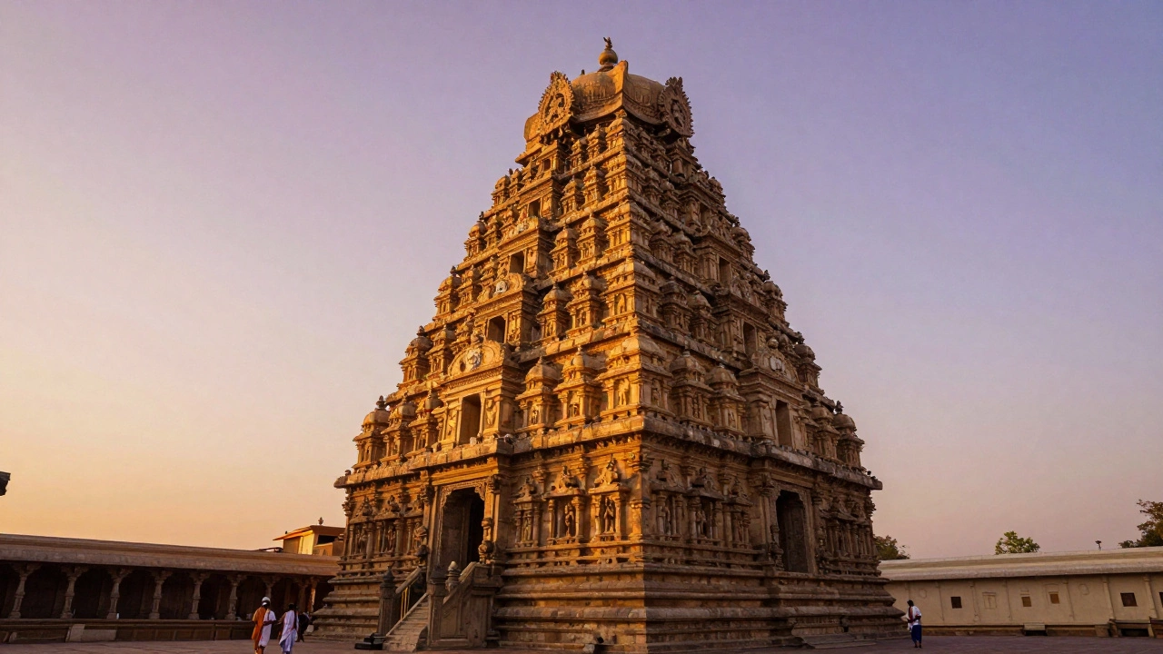 Sunrise view of the granite Brihadeeswarar Temple tower in Thanjavur, India.