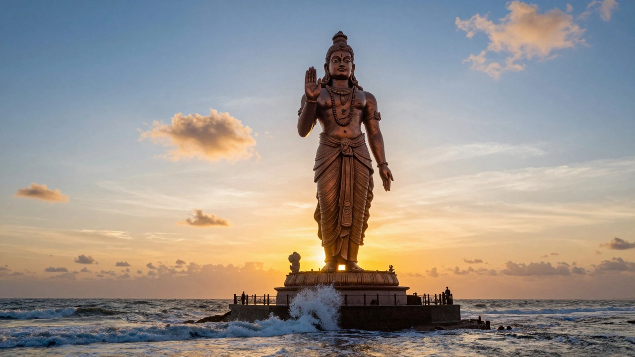 Thiruvalluvar statue overlooking the sea at Kanyakumari during sunset