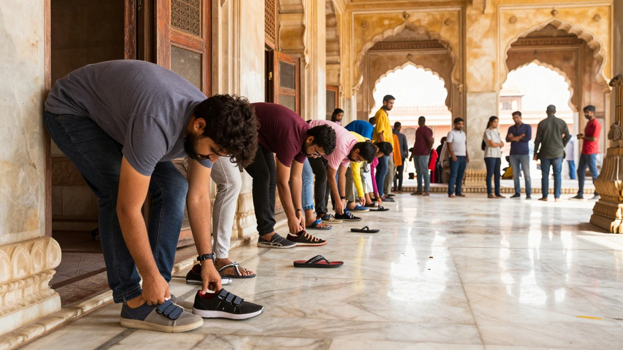 Tourists removing shoes at entrance of ornate Indian temple with marble floors