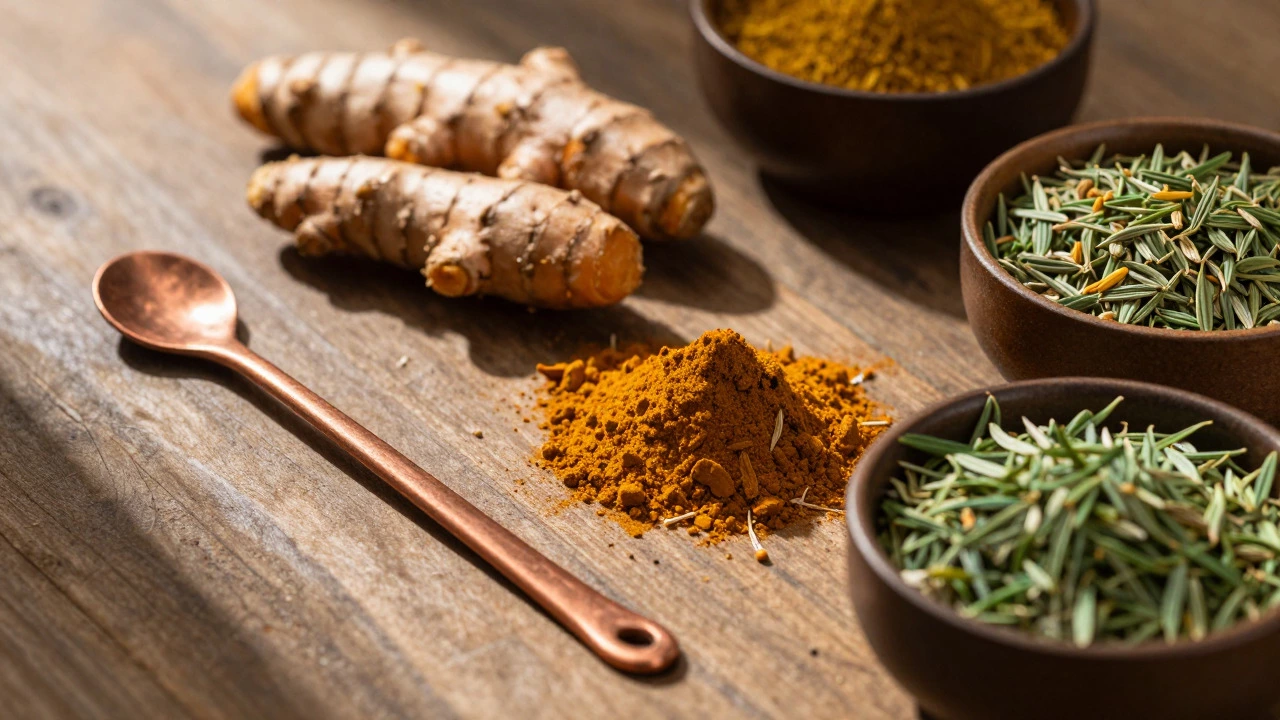 Ayurvedic herbs and spices arranged on a wooden table
