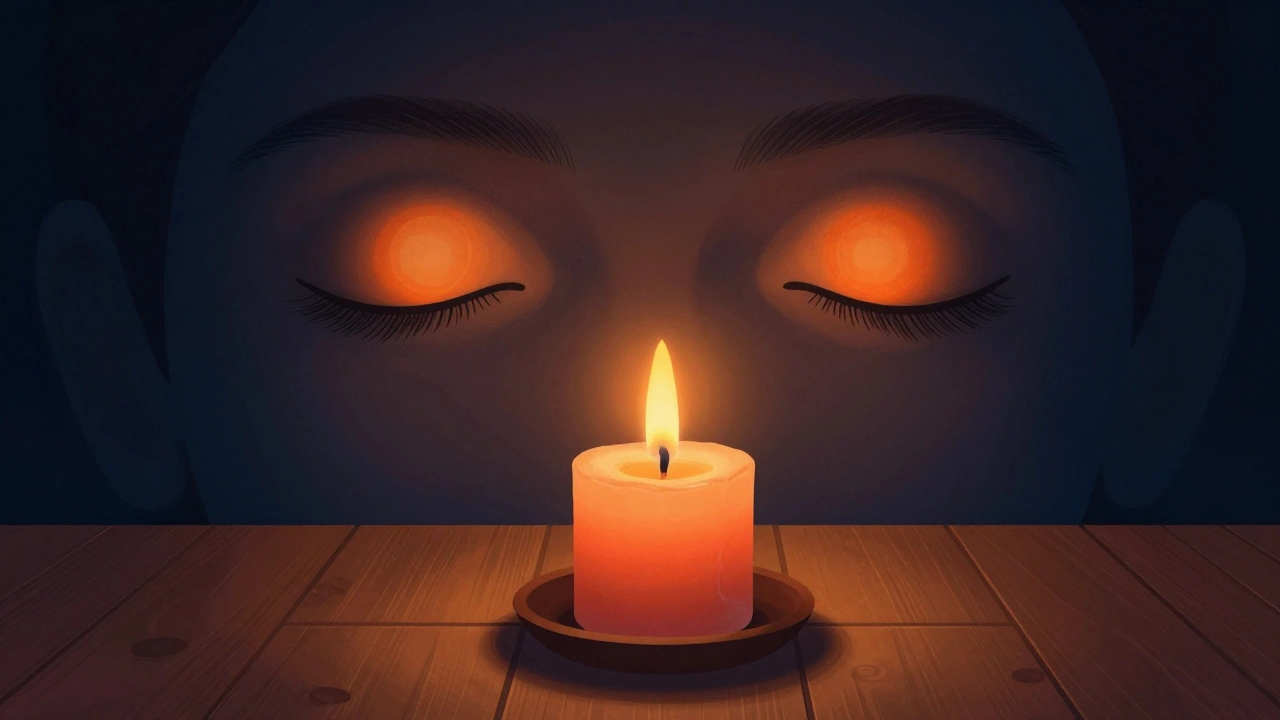 Candle gazing meditation with reflection of flame in closed eyes