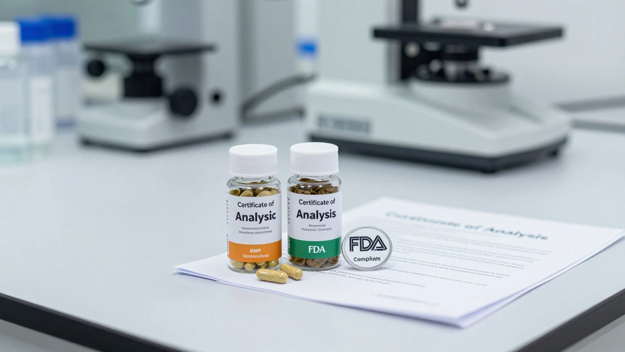 Certified herbal supplements and lab test documents on a counter