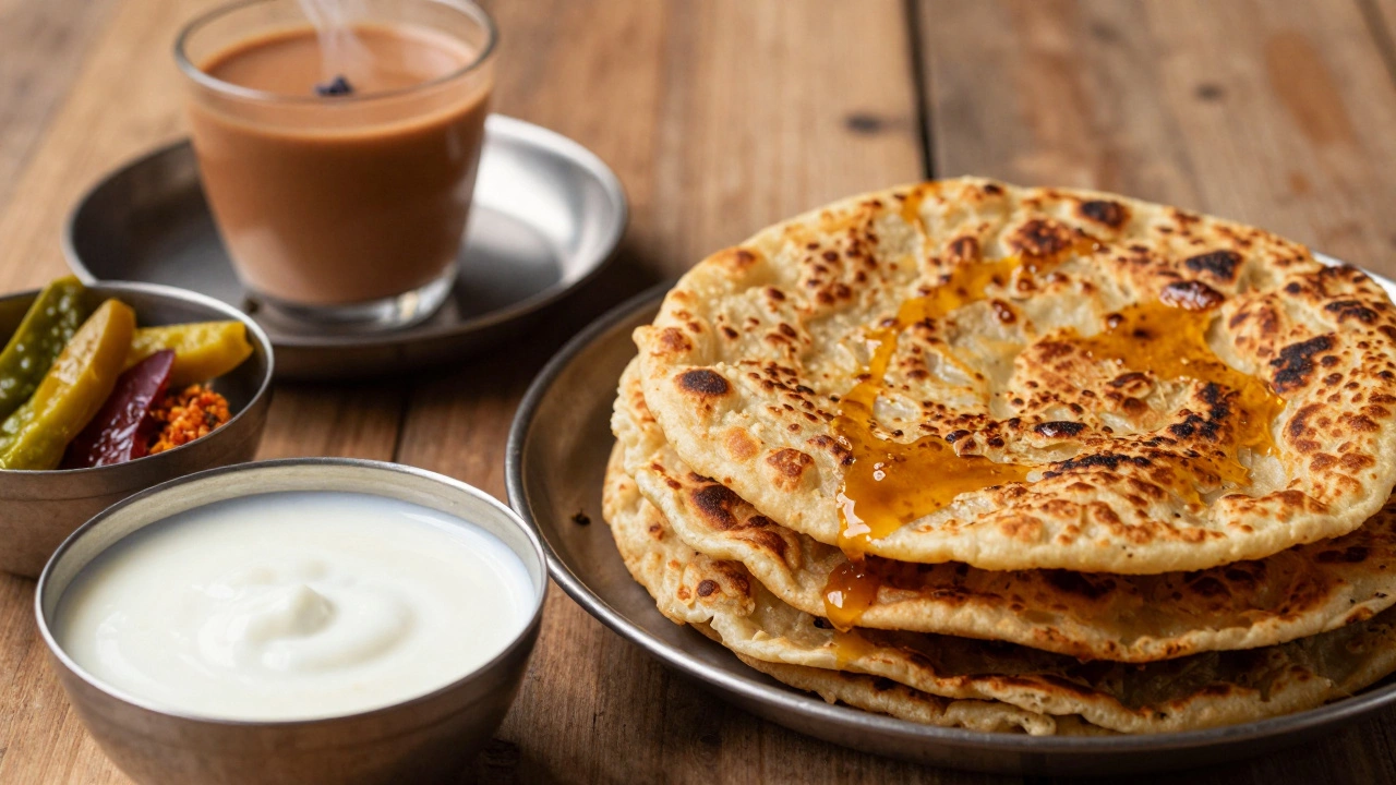 Crispy aloo paratha with yogurt, pickle, and chai on a table