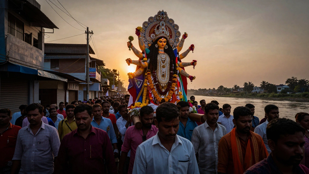 Crowd carrying Durga idol for immersion during Visarjan procession at sunset