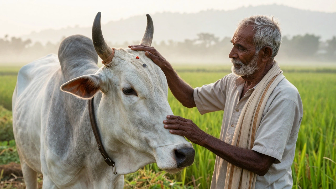 Farmer gently holding a bull in a misty rural field at sunrise