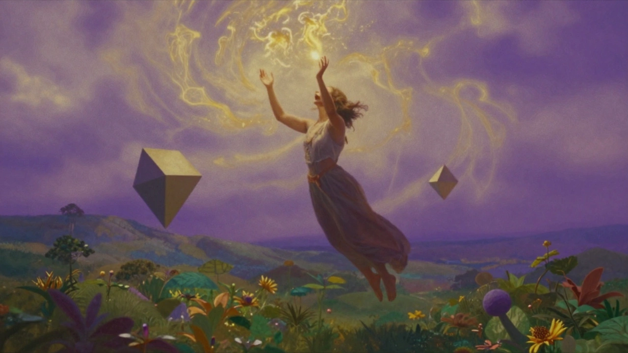 Figure floating above colorful landscape symbolizing intuition