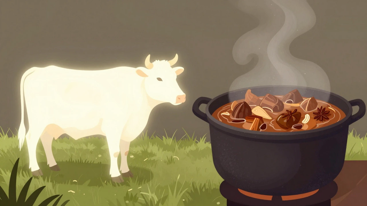 Illustration contrasting a sacred cow with simmering spicy meat curry