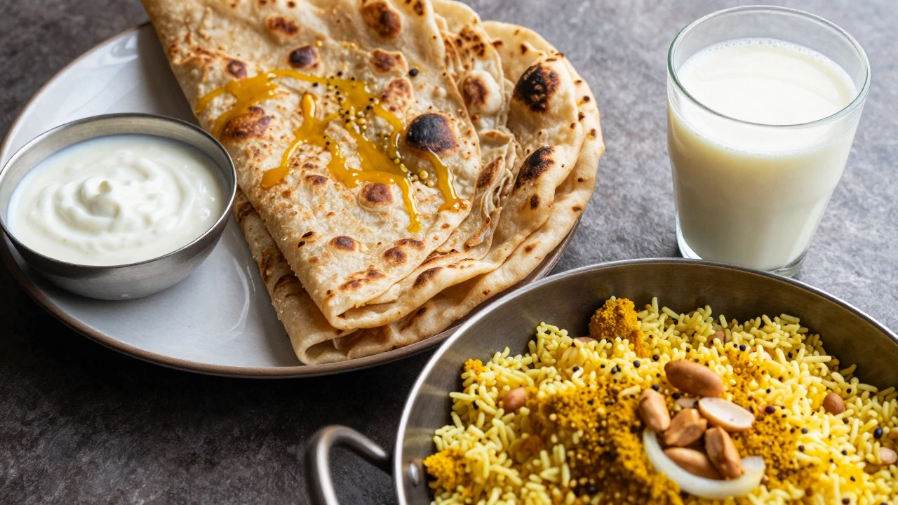 North Indian breakfast with Paratha, Poha, and Lassi