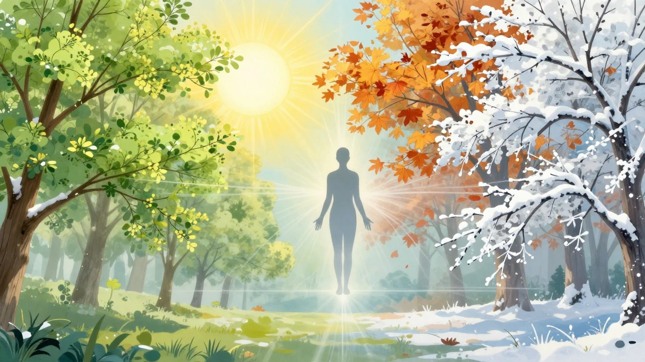 Silhouette representing balance with four seasons of nature
