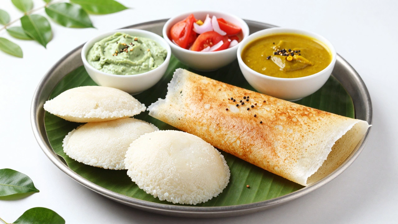 South Indian idli and dosa served with chutneys and sambar