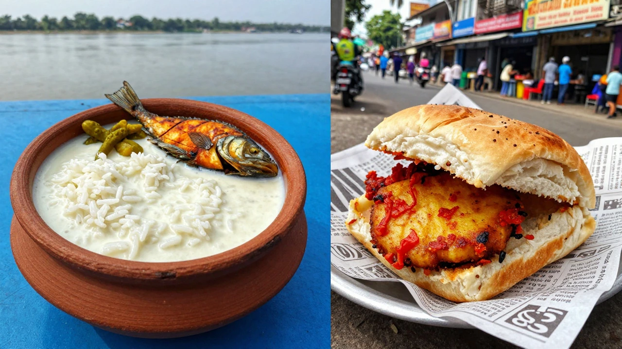 Split view of Bengali Pakhala and Mumbai Vada Pav