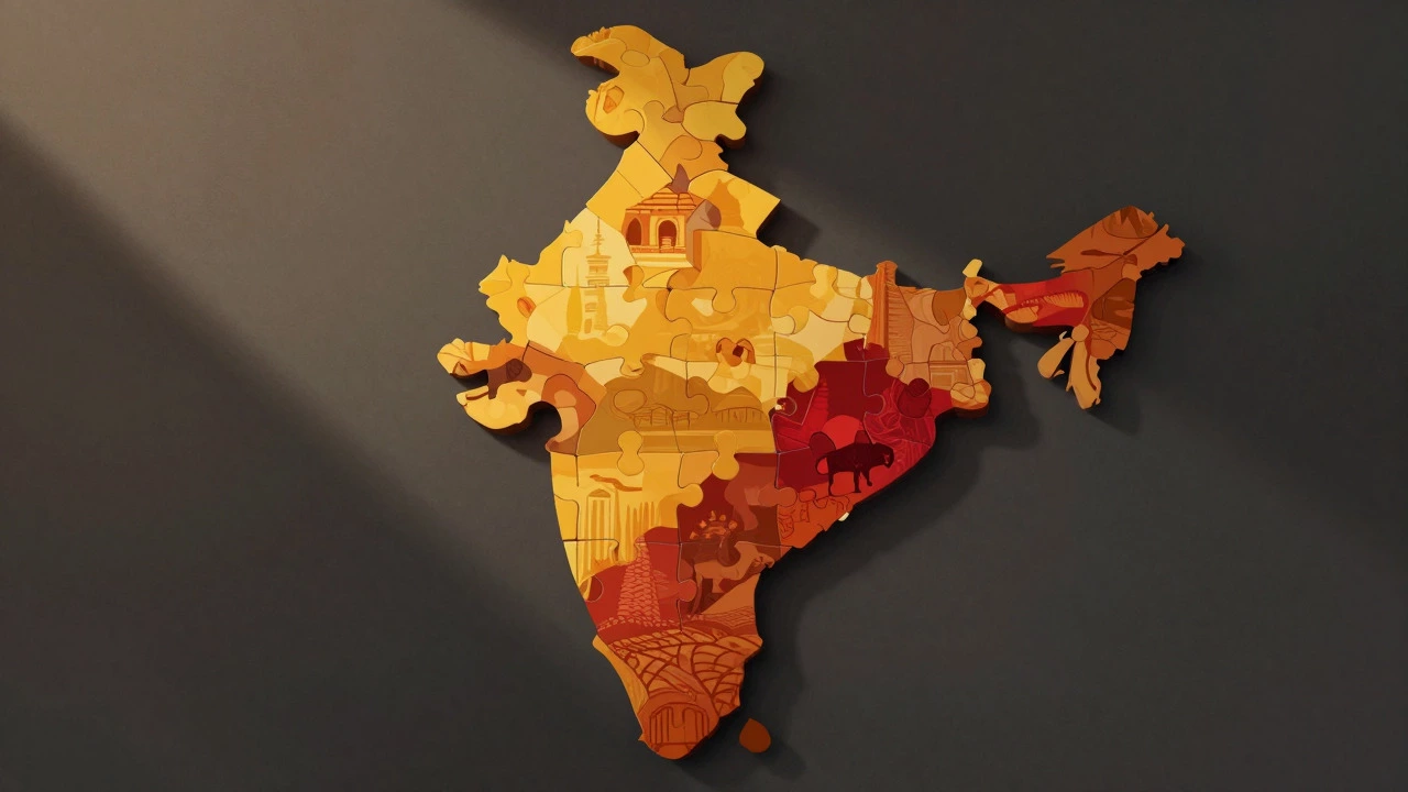 Stylized map of India made of puzzle pieces showing regional law differences