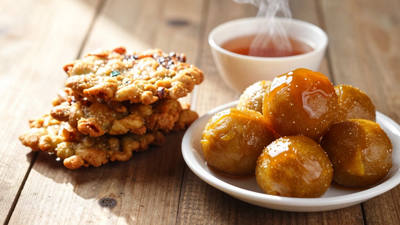 Traditional Bengali festival foods including beguni and rosogolla on a table