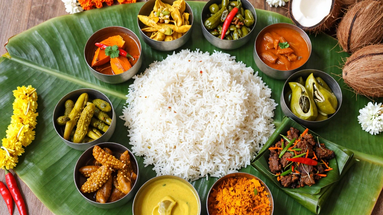 Traditional Kerala feast on banana leaf featuring beef fry and rice