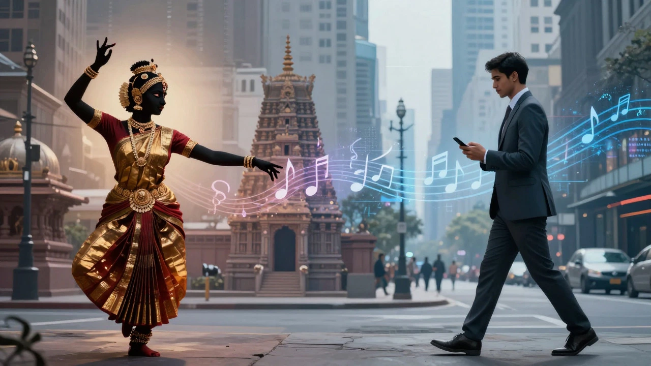 Artistic blend of classical Indian dance and modern urban lifestyle