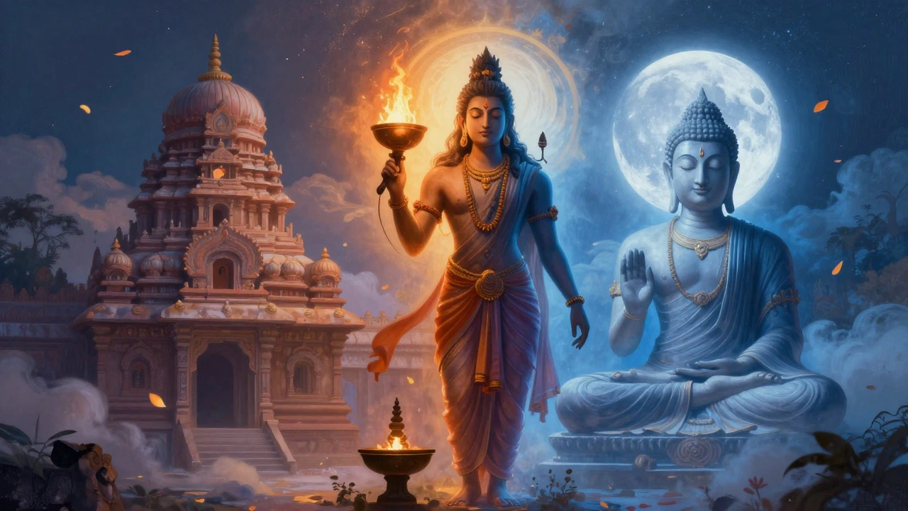 Artistic blend of Hindu saint and Buddha with merged temple architecture