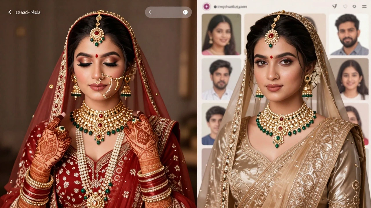 Comparison of traditional heavy makeup and modern minimal bridal styles