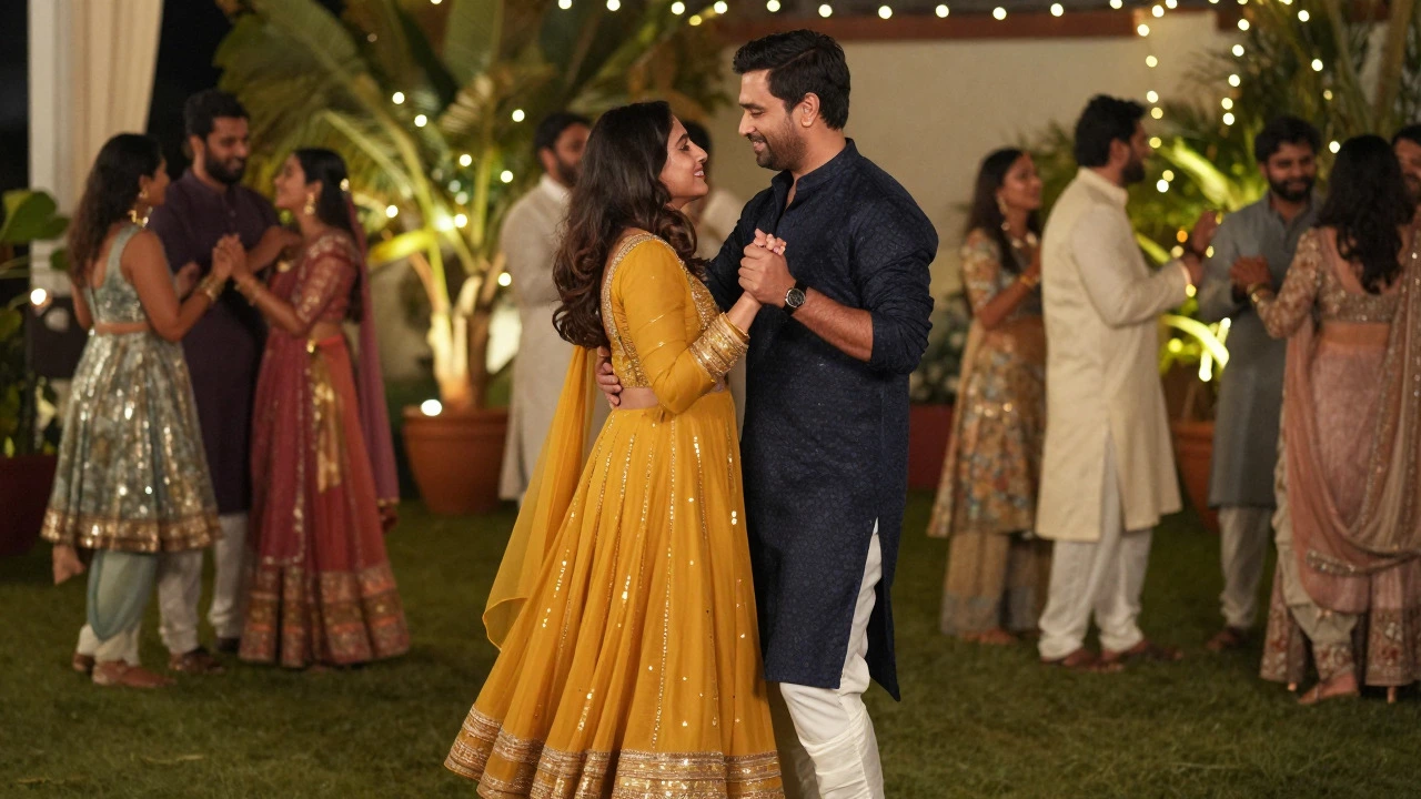Couple dancing in comfortable festive attire at an outdoor wedding
