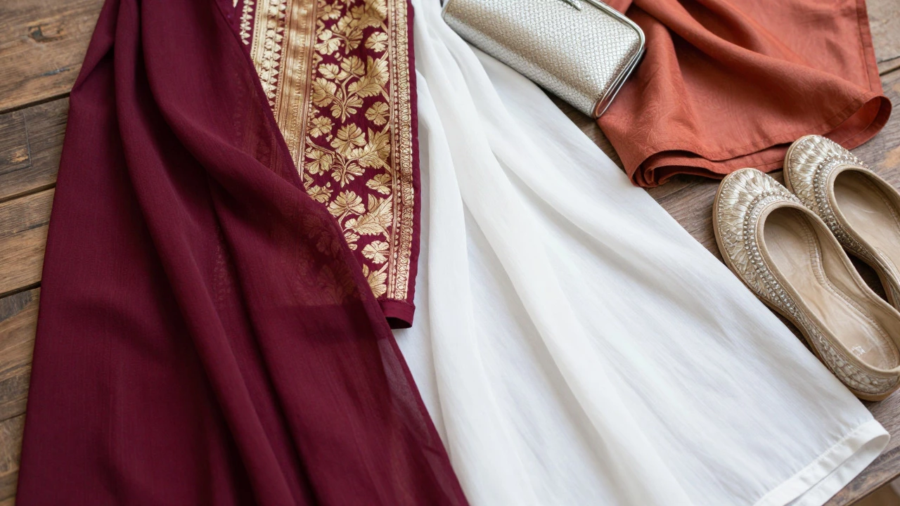 Flat lay of colorful wedding fabrics, juttis, and accessories on wood