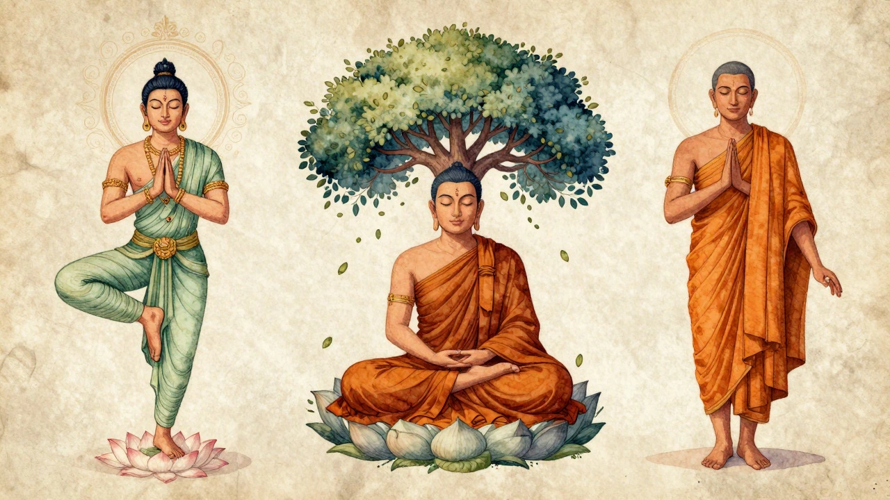 Illustration of Hindu, Buddhist, and Jain yogis in distinct postures