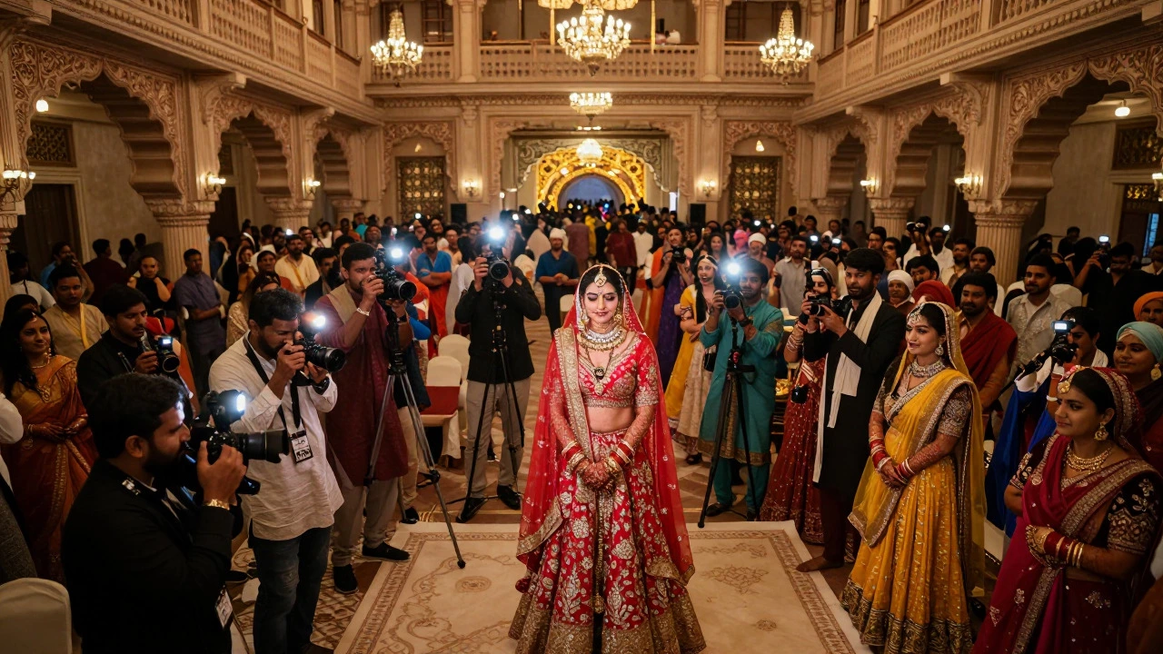 Indian bride in a large wedding hall surrounded by photographers and guests