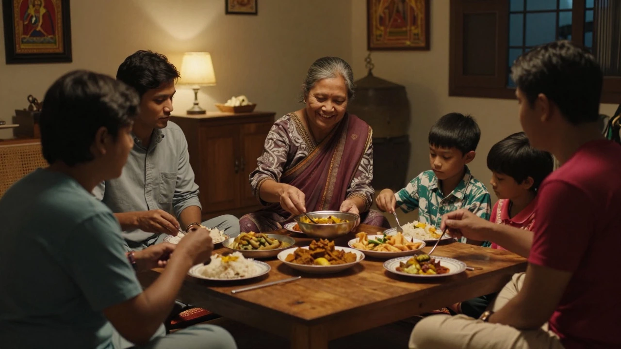 Multi-generational Indian family sharing a meal together indoors