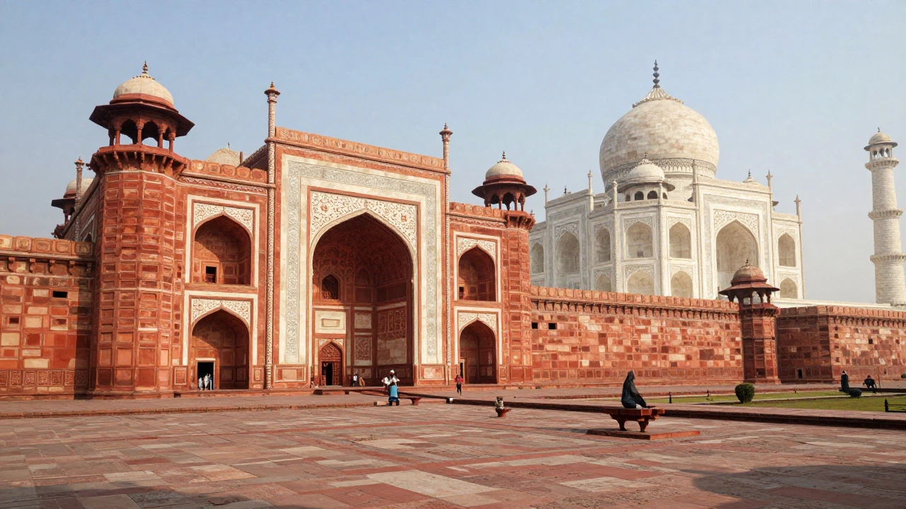 Red sandstone walls of the Red Fort in Delhi, India