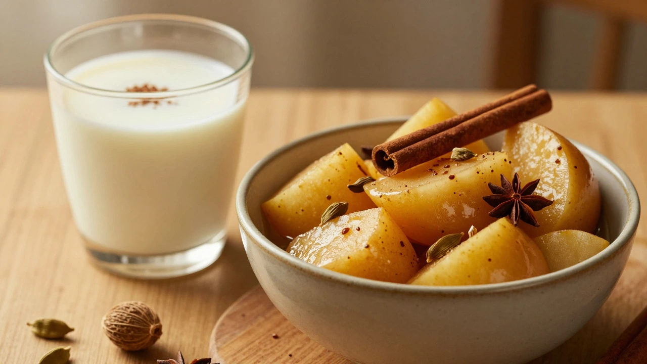 Stewed apples and warm milk as healthy evening snacks