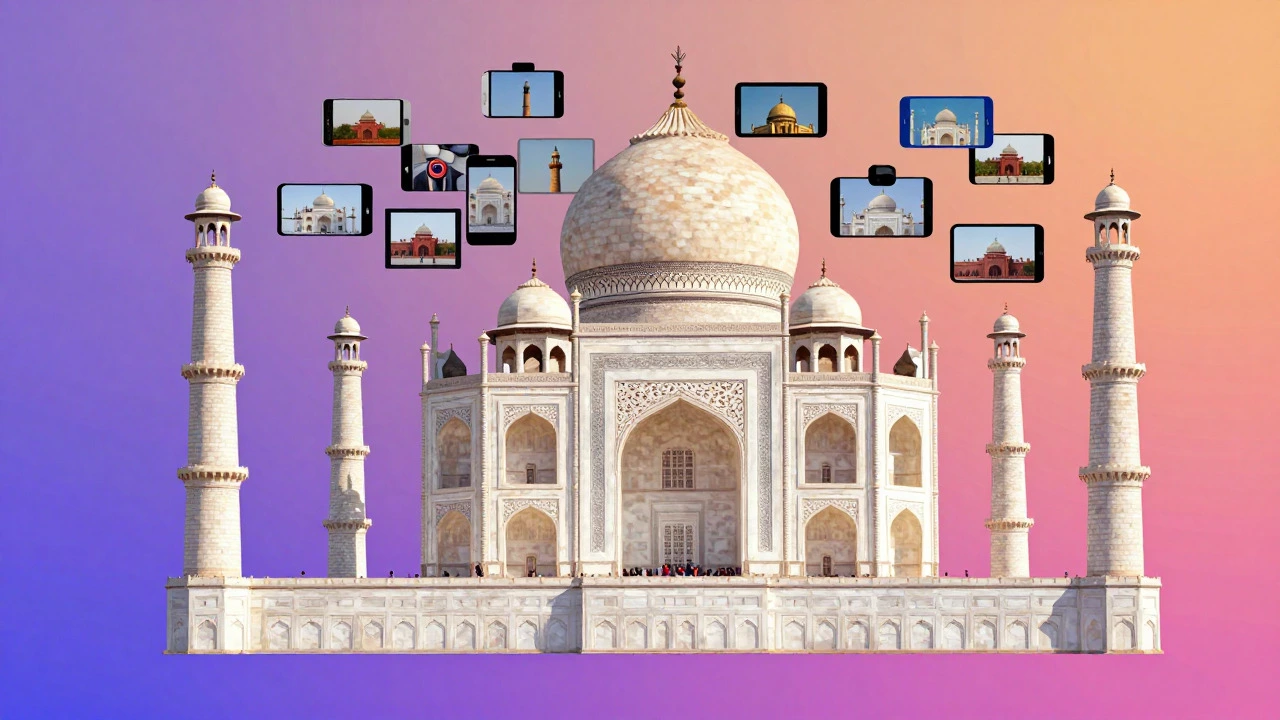 Taj Mahal silhouette made of smartphone cameras and screens