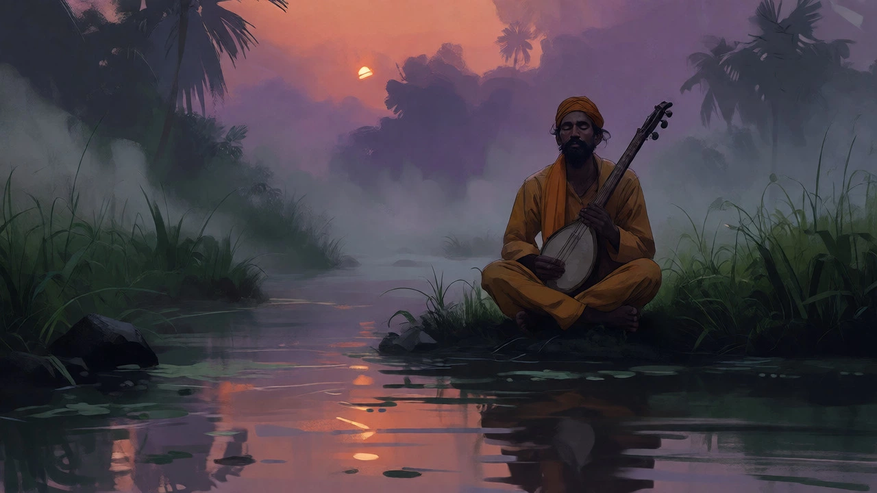 A Baul minstrel playing an Ektara by a misty riverbank in Bengal at dusk