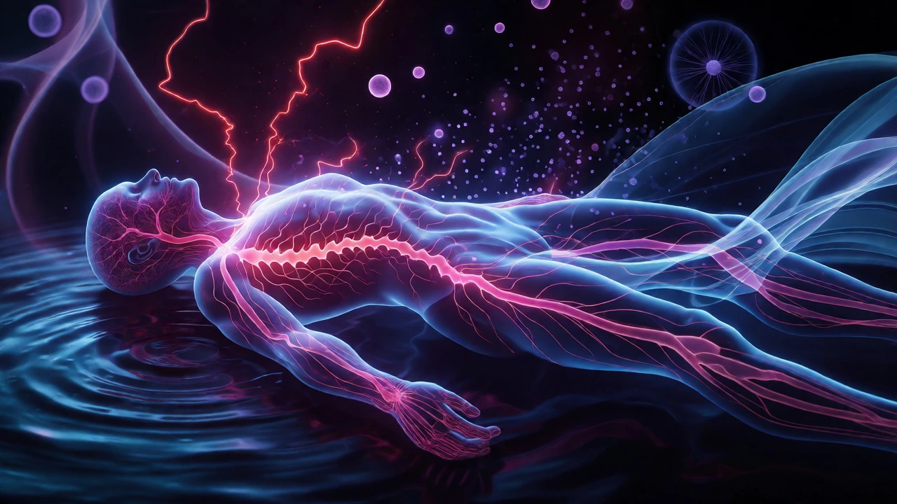 Abstract visualization of neural pathways shifting from stress to calm during Savasana.