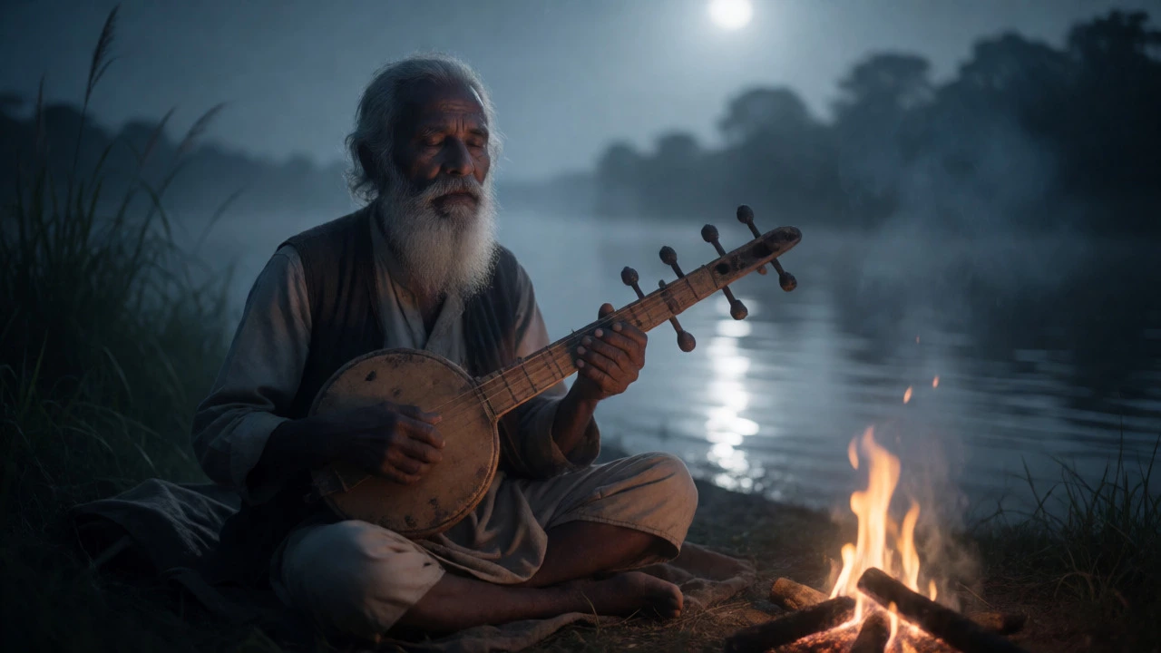 An elderly Baul musician playing an ektara by a moonlit riverbank in rural Bengal.