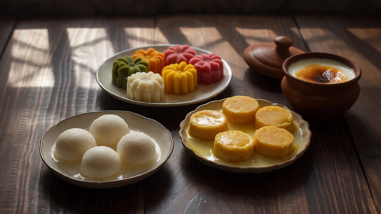 Assortment of Bengali sweets including Rosogolla and Sandesh