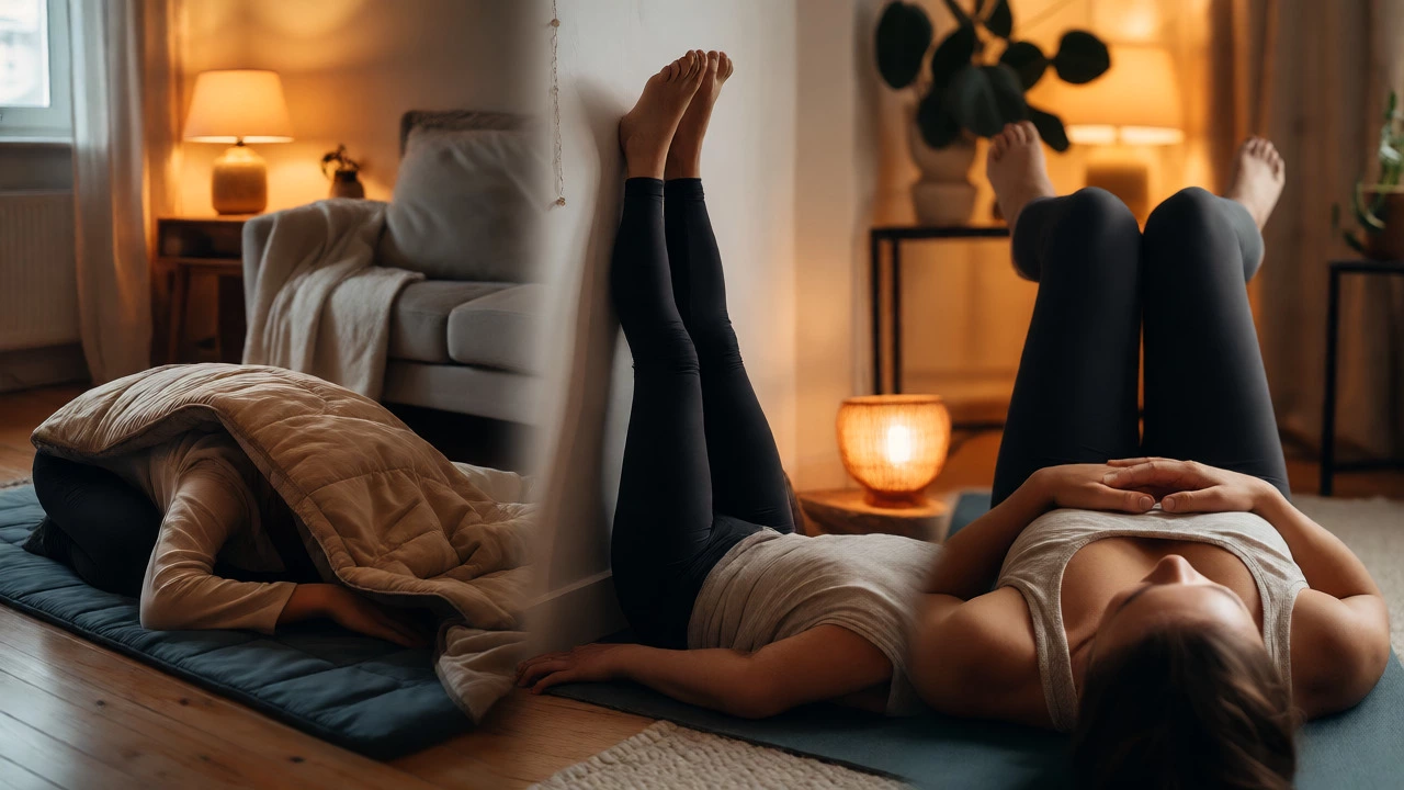 Collage of restorative yoga poses including Child's Pose and Legs-Up-The-Wall at home.