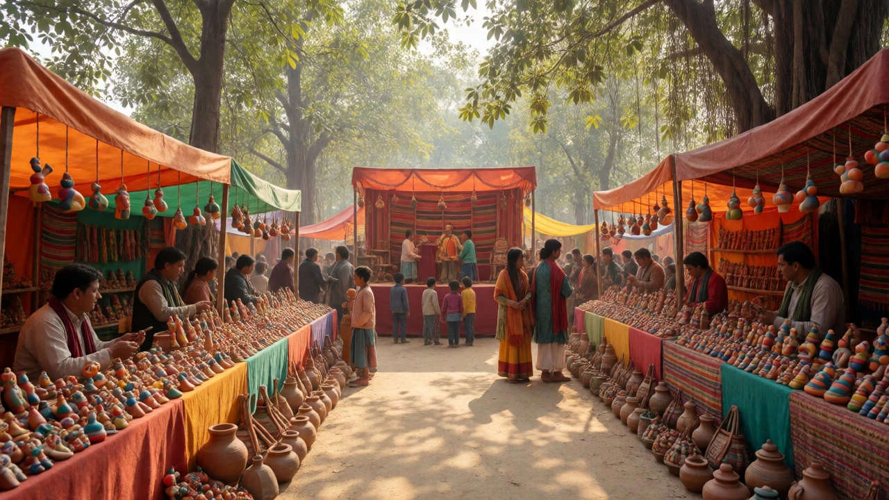 Colorful stalls and crowds at the traditional Poush Mela fair in Shantiniketan.