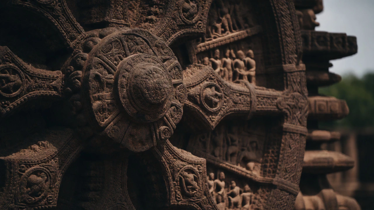 Detailed close-up of Konark Sun Temple stone chariot wheel carvings