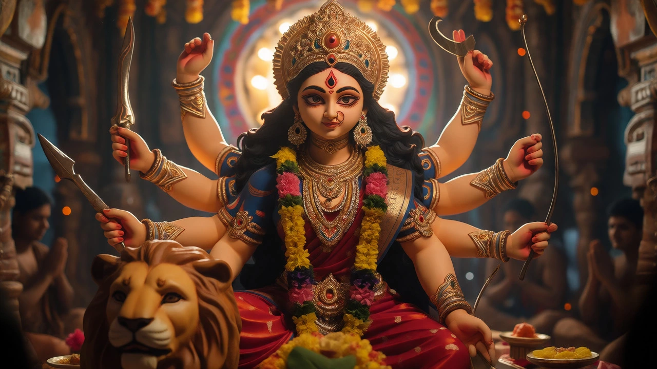Detailed view of the Goddess Durga idol riding a lion, surrounded by offerings and soft light.