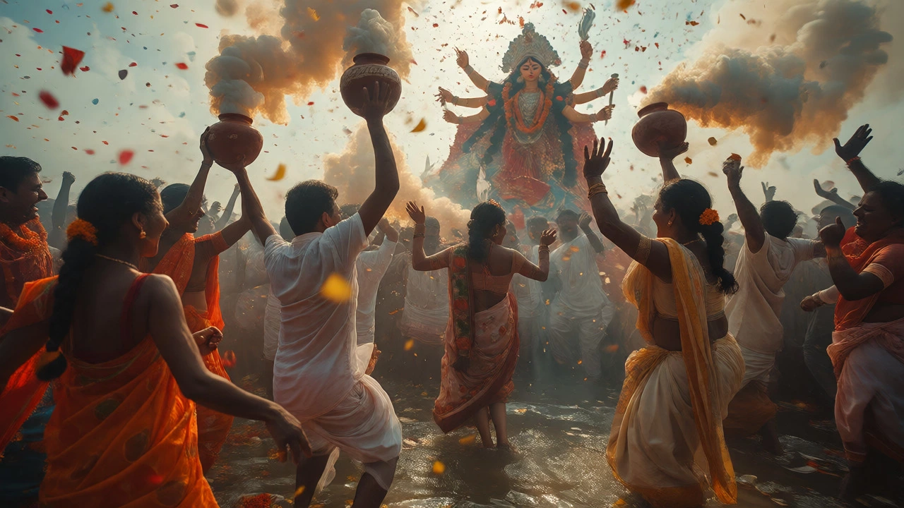Devotees dance with incense pots during the emotional Visarjan procession to immerse idols.
