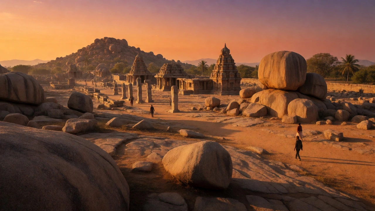 Hampi ruins with giant boulders and temples under golden sunset light