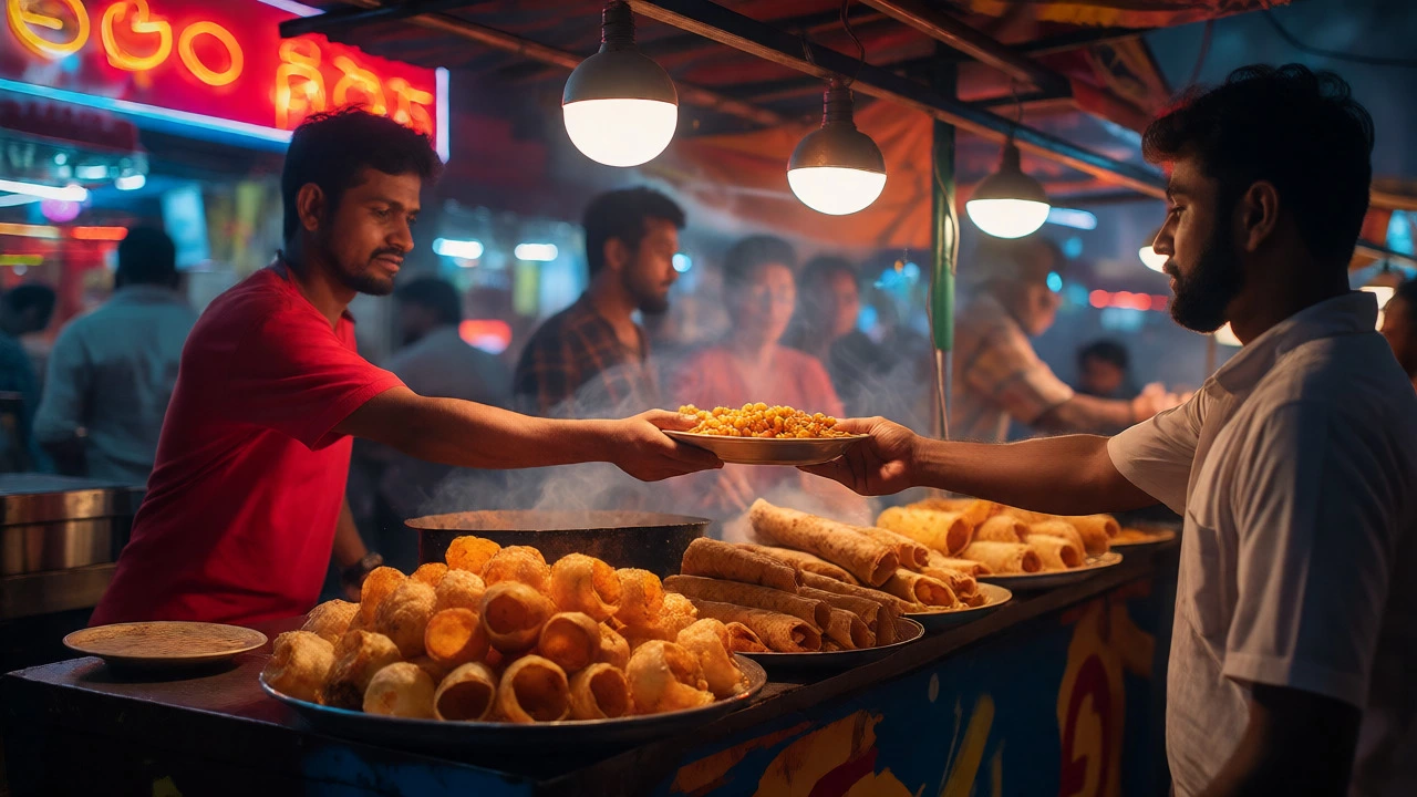 Nighttime street food stall with Phuchka and Kathi rolls