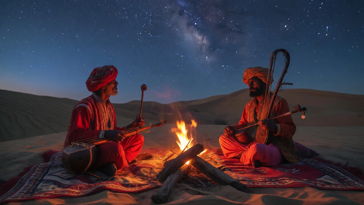 Rajasthani musicians playing Kamaicha and Morchang around a desert campfire