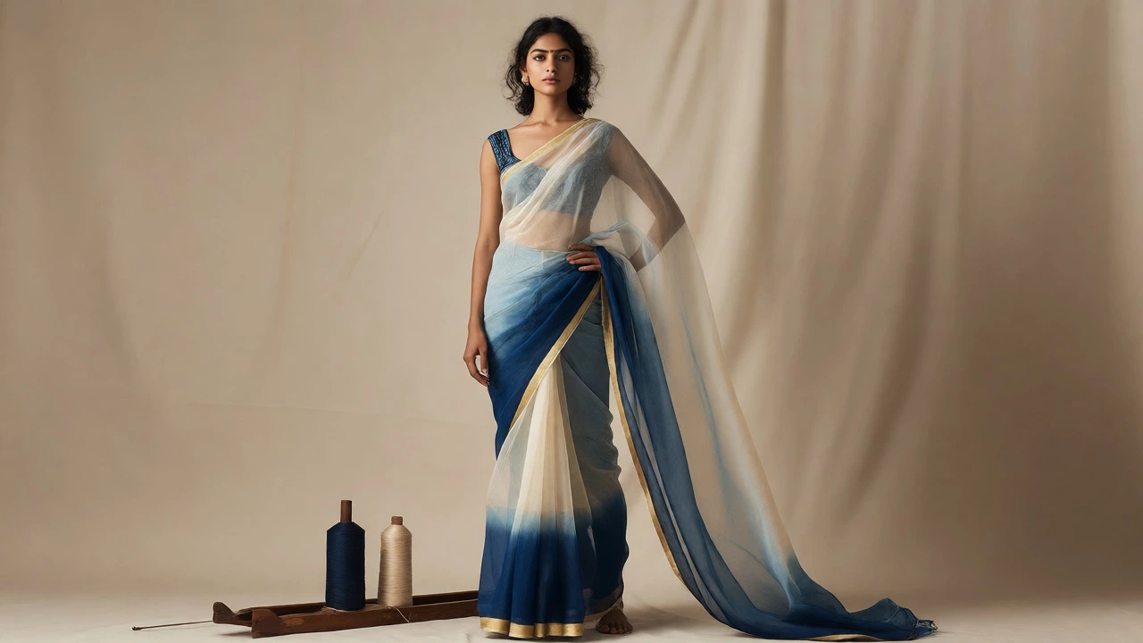 Woman modeling modern fusion sari draped over jeans in studio