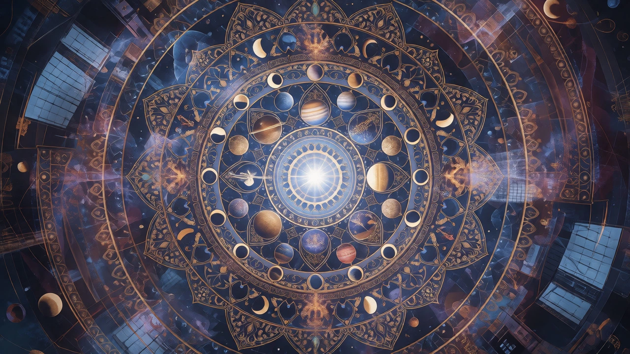 Abstract mandala blending lunar cycles with modern time symbols