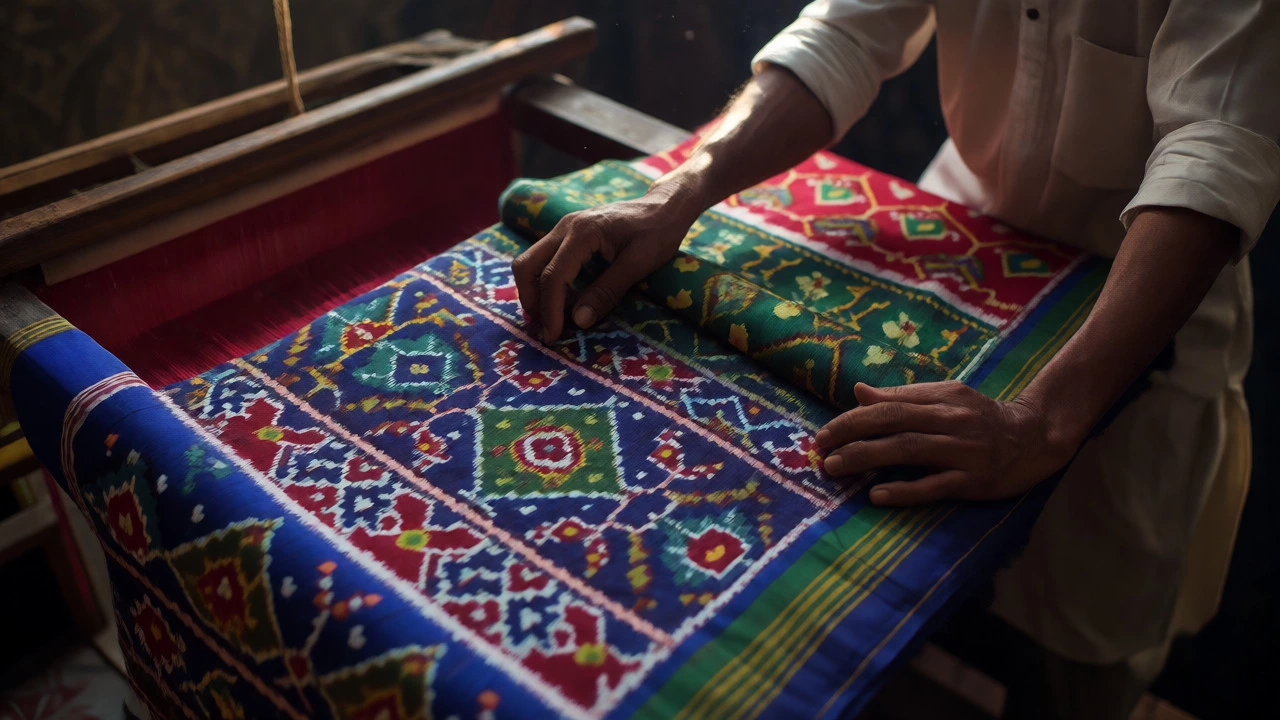 Artisan folding a complex geometric Patan Patola double-ikat silk sari.