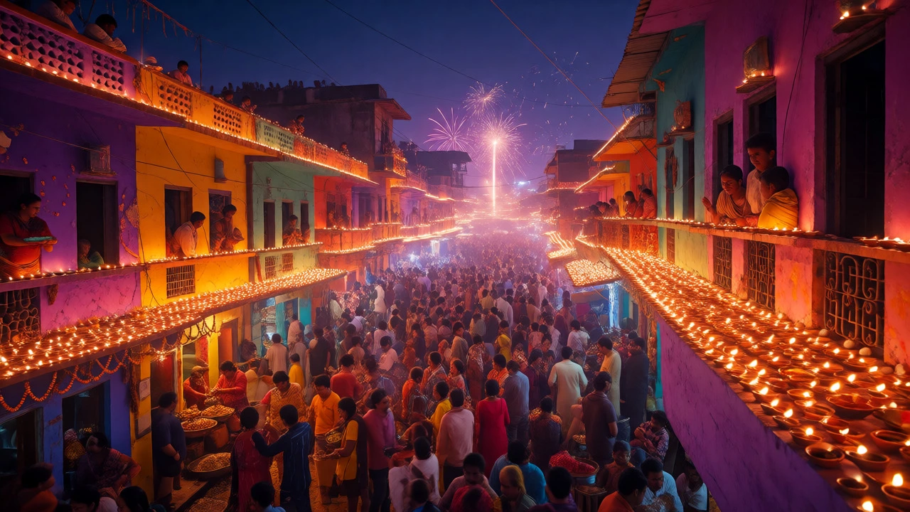 City street glowing with Diwali lamps and fireworks at dusk