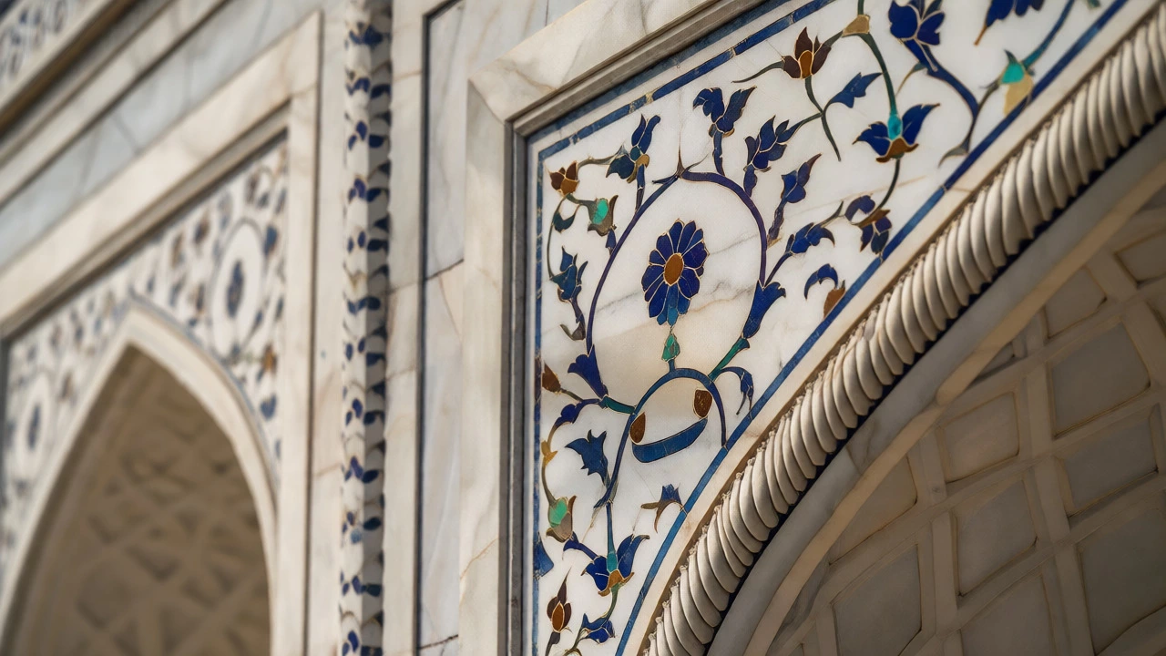 Close-up of intricate stone inlay and calligraphy on Taj Mahal marble