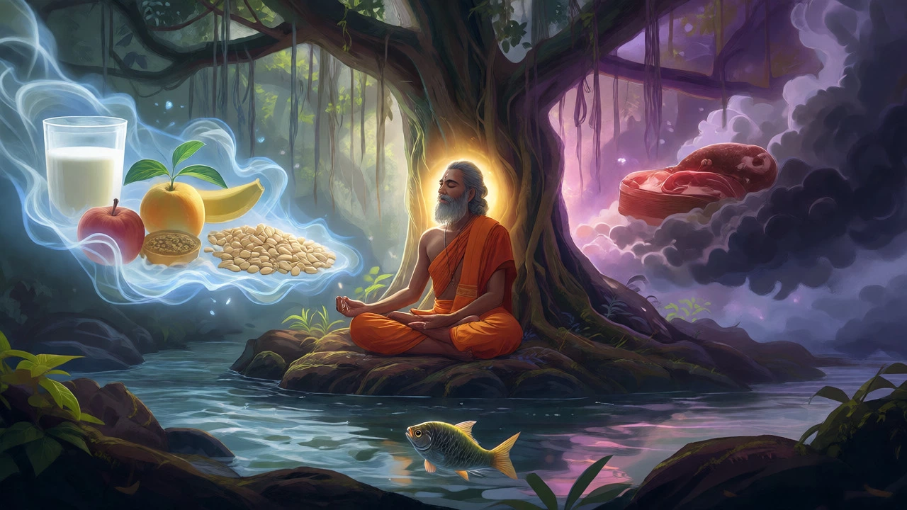 Conceptual art showing a sage meditating amidst symbols of Satvic and Tamasic foods.